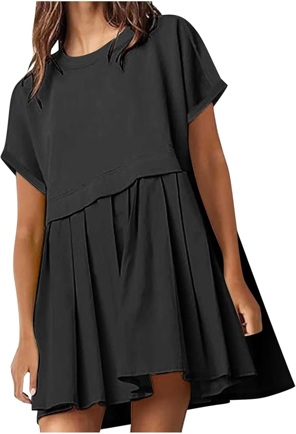 jsaierl Womens Summer Dress Oversized Pleated Short Dress Cute Sweet Mini Dress Comfy Loose Beach Dress Sun Dress 2025