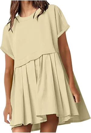 jsaierl Womens Summer Dress Oversized Pleated Short Dress Cute Sweet Mini Dress Comfy Loose Beach Dress Sun Dress 2025