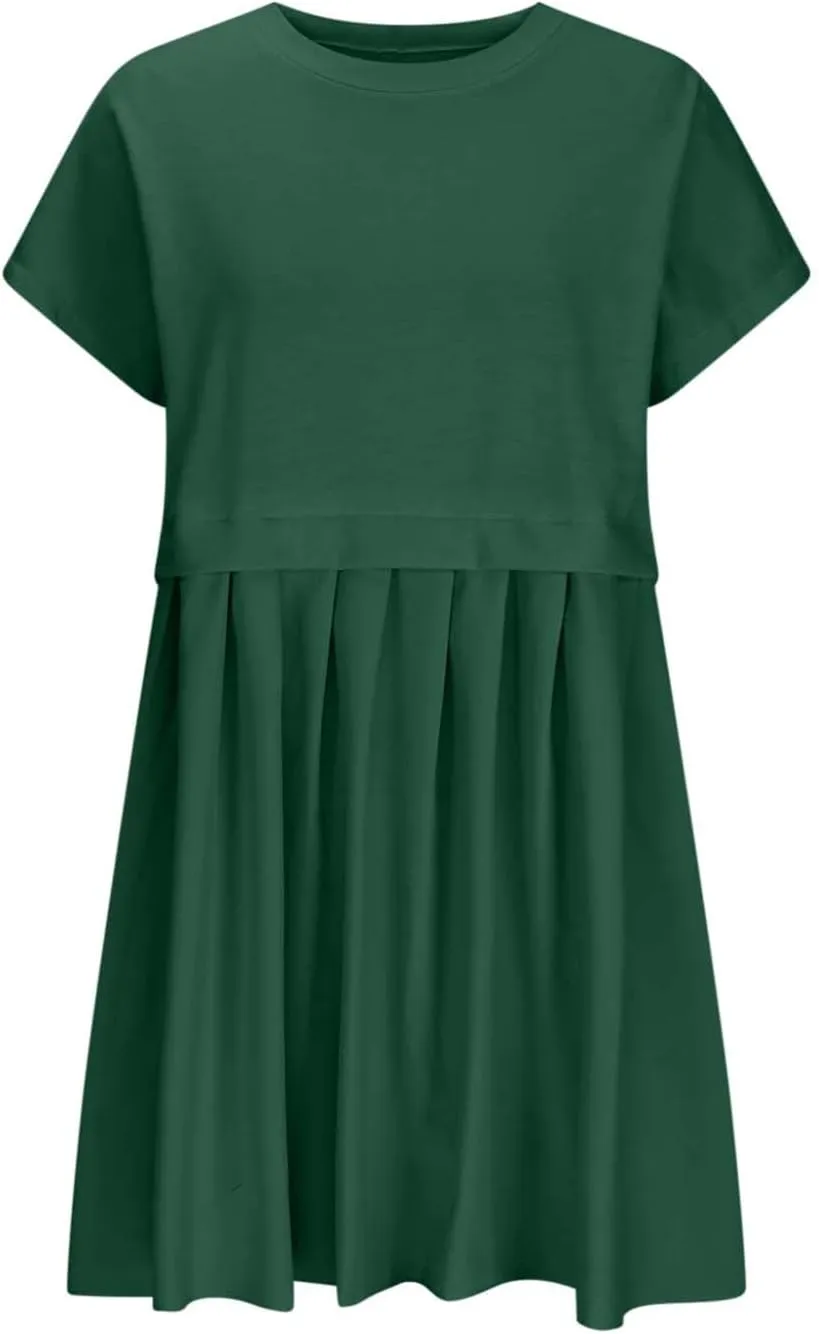 jsaierl Womens Summer Dress Oversized Pleated Short Dress Cute Sweet Mini Dress Comfy Loose Beach Dress Sun Dress 2025