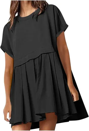 jsaierl Womens Summer Dress Oversized Pleated Short Dress Cute Sweet Mini Dress Comfy Loose Beach Dress Sun Dress 2025