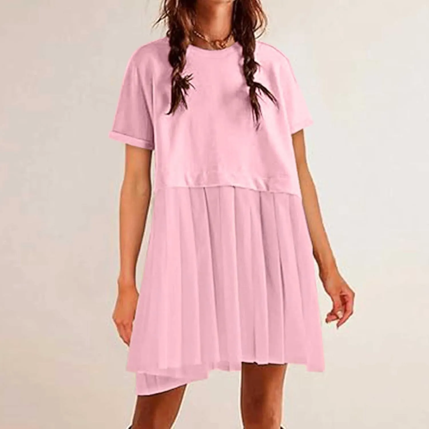 jsaierl Womens Summer Dress Oversized Pleated Short Dress Cute Sweet Mini Dress Comfy Loose Beach Dress Sun Dress 2025