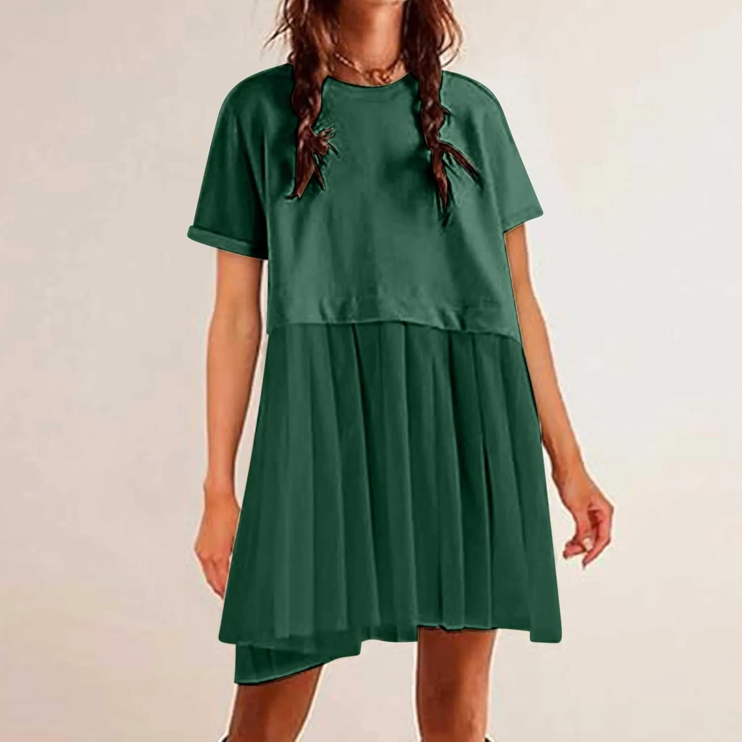 jsaierl Womens Summer Dress Oversized Pleated Short Dress Cute Sweet Mini Dress Comfy Loose Beach Dress Sun Dress 2025