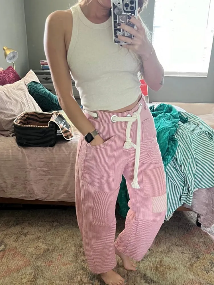 Kedera Women Casual Barrel Pants Loose Wide Leg Drawstring Baggy Pants Mid Waist Boyfriend Y2K Trousers Streetwear