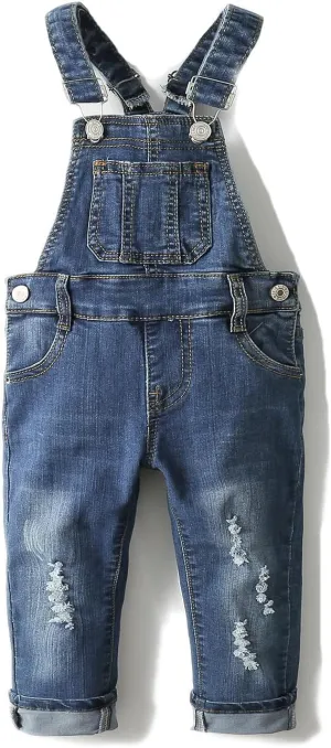 KIDSCOOL SPACE Little Girl Boy Jean Overalls,Toddler Ripped Denim Overall Pants