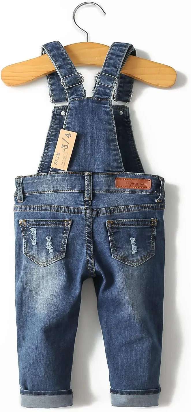 KIDSCOOL SPACE Little Girl Boy Jean Overalls,Toddler Ripped Denim Overall Pants