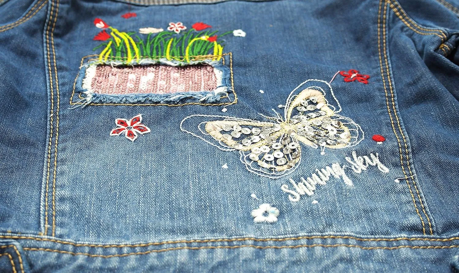 KIDSCOOL SPACE Little Girl Jean Jacket,Flower Embroidered Denim Outfits