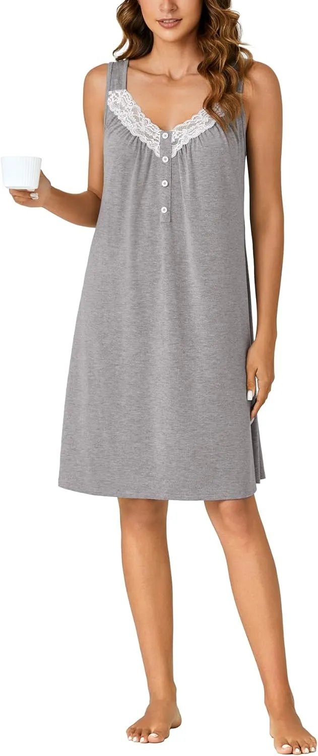 KIFOVEN Womens Sleeveless Lace Nightgown Cotton Chemise Nightshirt Sleepwear Full Slip Nightdress Sleep Shirt Pj Sleep Dress