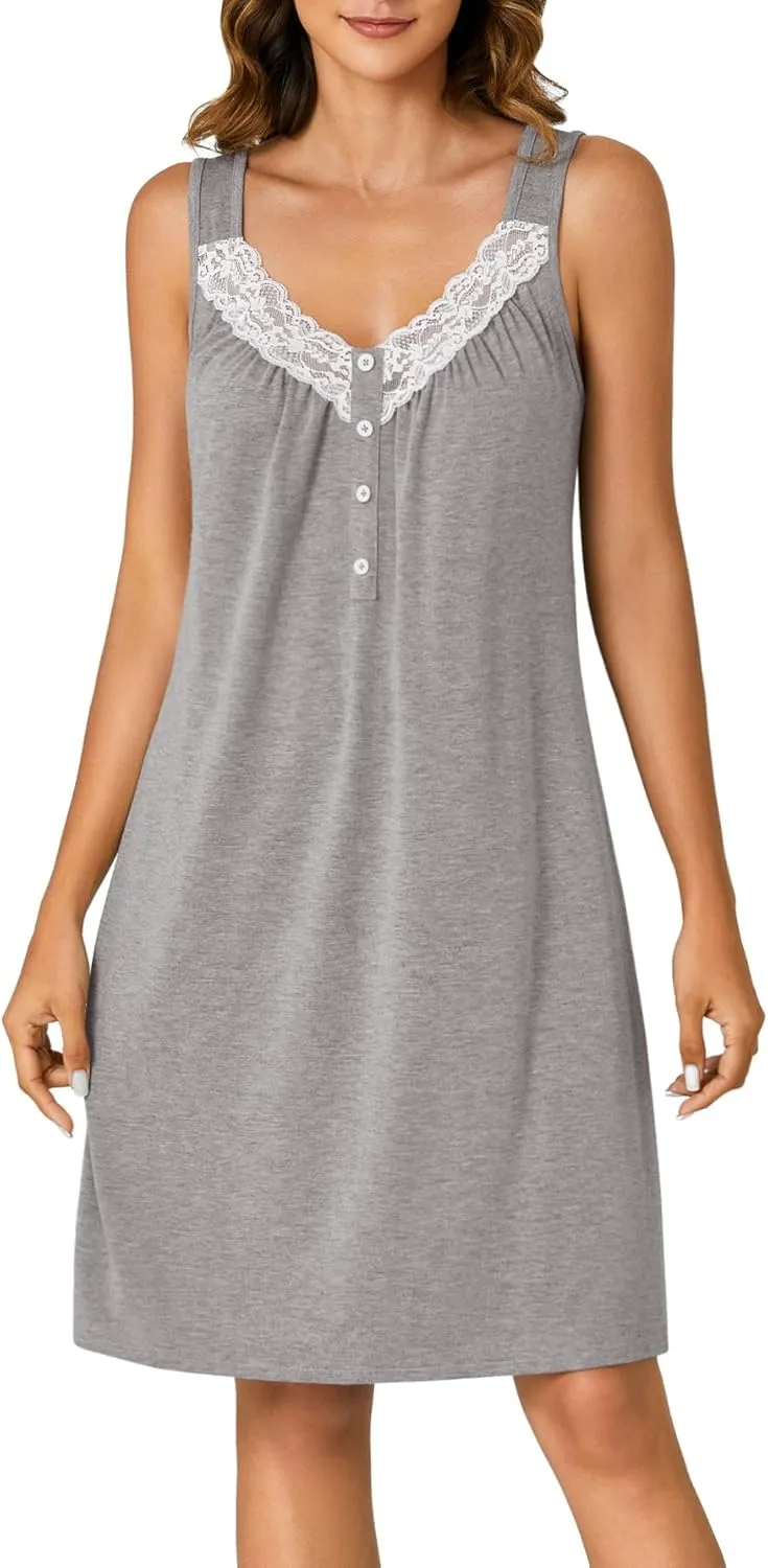 KIFOVEN Womens Sleeveless Lace Nightgown Cotton Chemise Nightshirt Sleepwear Full Slip Nightdress Sleep Shirt Pj Sleep Dress