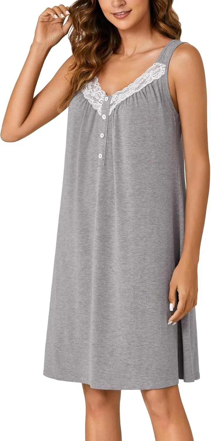 KIFOVEN Womens Sleeveless Lace Nightgown Cotton Chemise Nightshirt Sleepwear Full Slip Nightdress Sleep Shirt Pj Sleep Dress