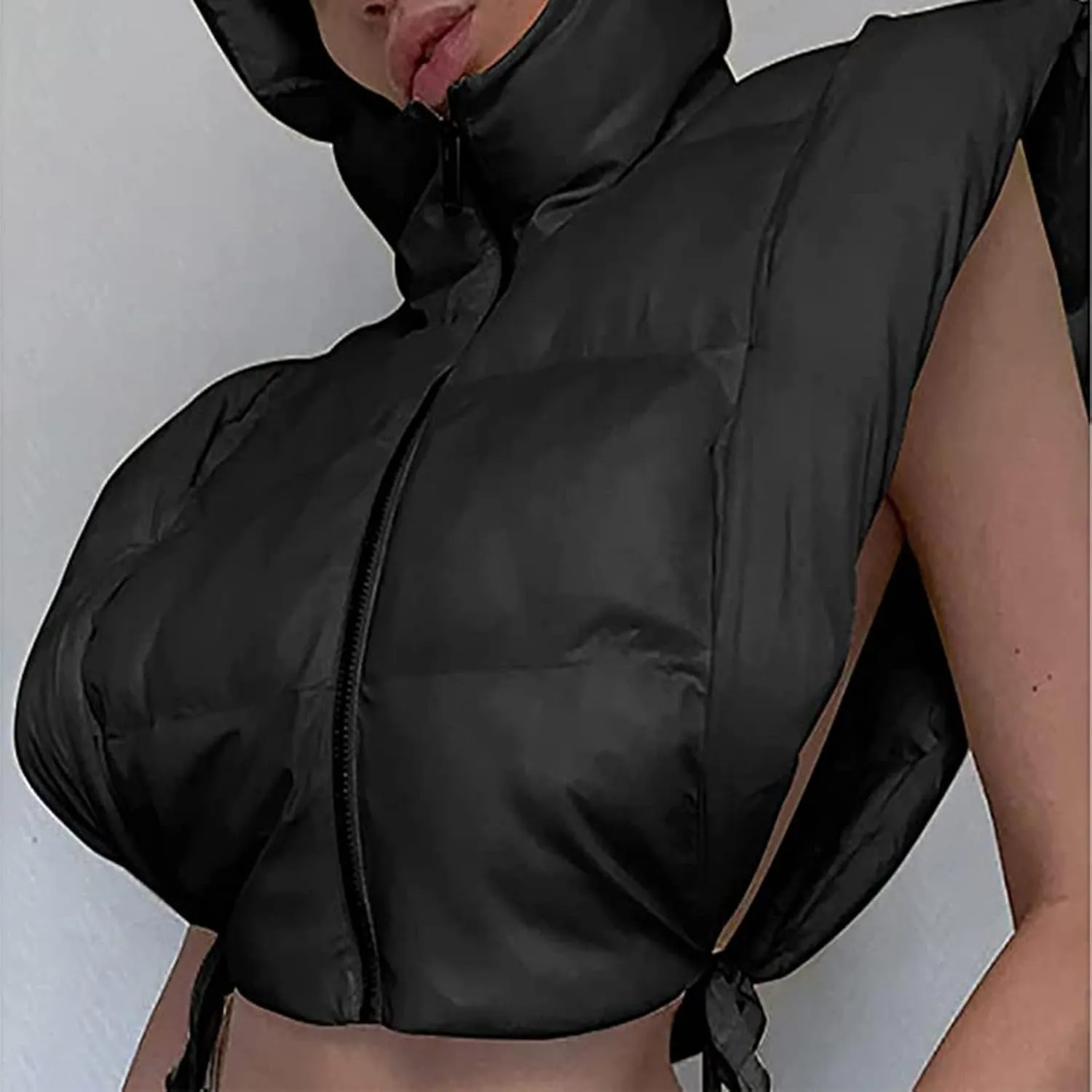 Kissonic Women's Cropped Padded Puffer Vest Hooded Zip Up Sleeveless Jacket