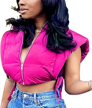 Kissonic Women's Cropped Padded Puffer Vest Hooded Zip Up Sleeveless Jacket