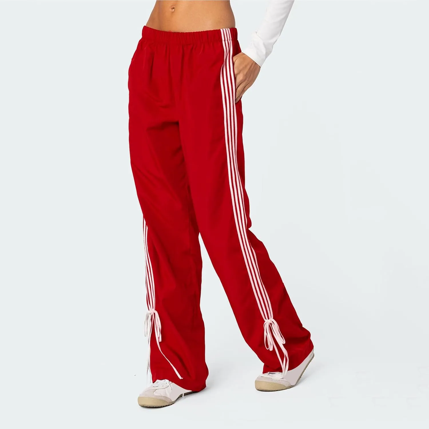 KMBANGI Women Striped Track Pants Elastic Waist Straight Leg Sweatpants Joggers Wide Leg Side Stripes Pants with Pockets