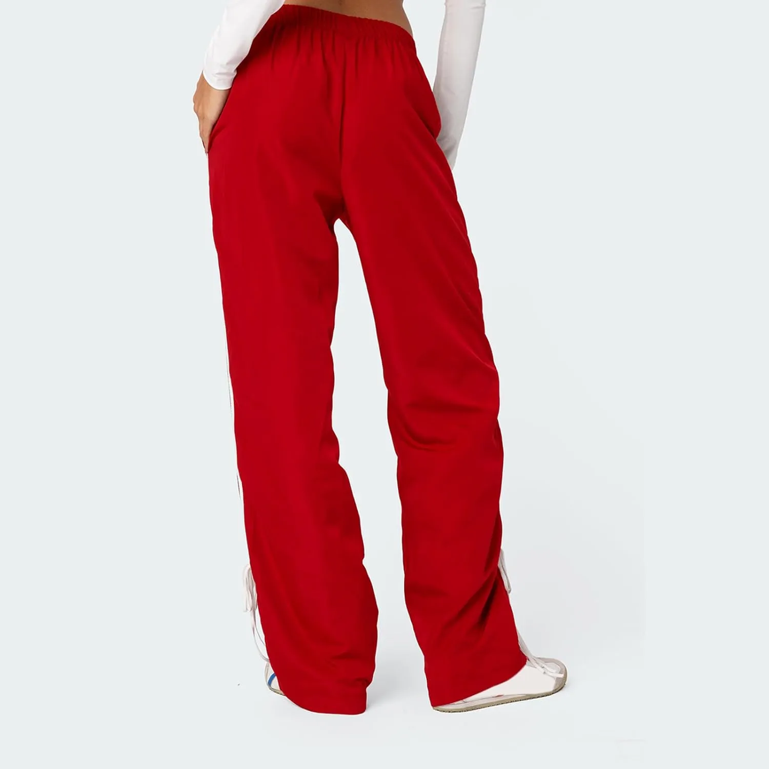 KMBANGI Women Striped Track Pants Elastic Waist Straight Leg Sweatpants Joggers Wide Leg Side Stripes Pants with Pockets
