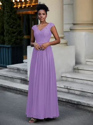 Lace and Chiffon Maxi Dress with Cap Sleeves-Tahiti