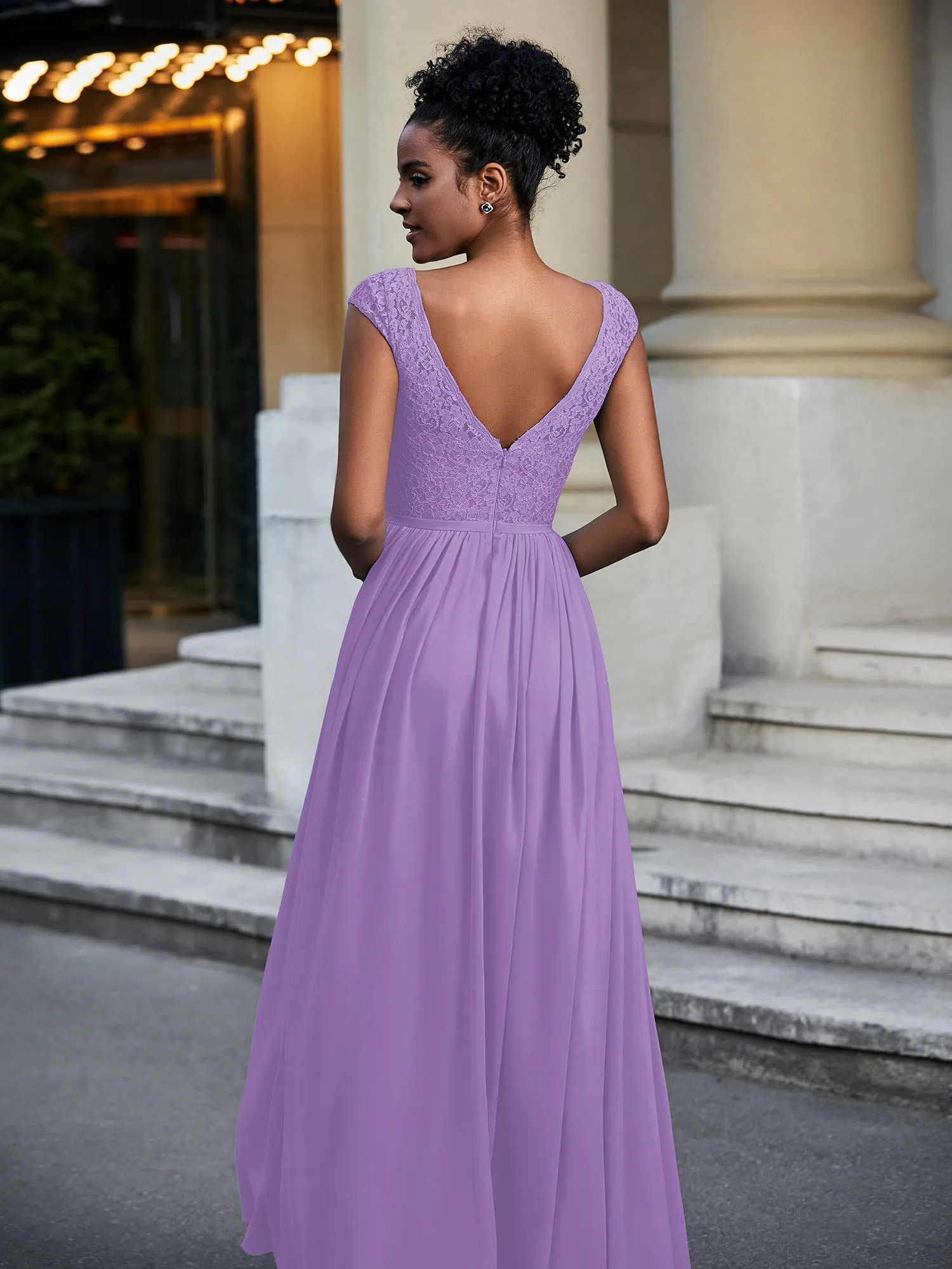 Lace and Chiffon Maxi Dress with Cap Sleeves-Tahiti