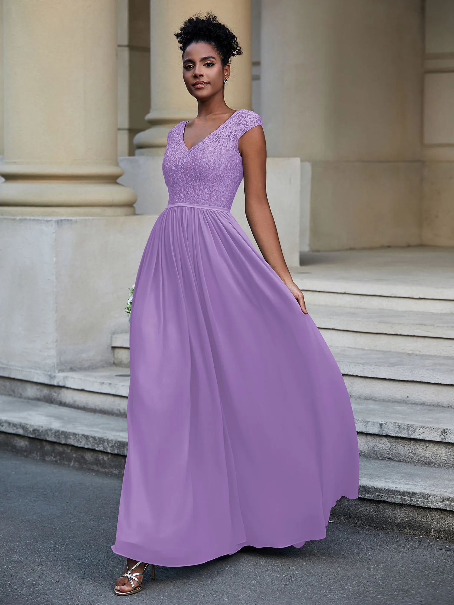 Lace and Chiffon Maxi Dress with Cap Sleeves-Tahiti