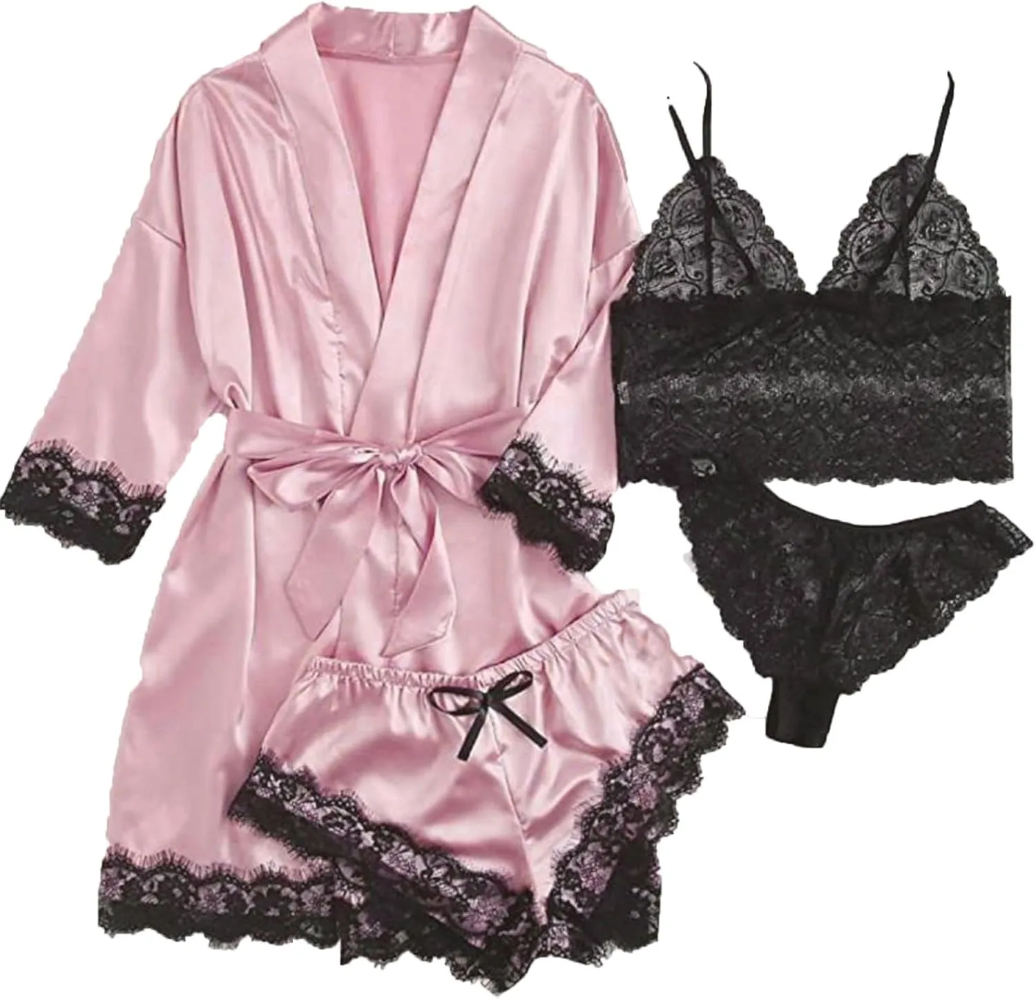 Lace Pajamas Sets for Women Sexy Camisole Tops Shorts Robe 3 Piece Outfits Soft Satin Sleepwear Cozy Pjs