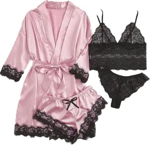 Lace Pajamas Sets for Women Sexy Camisole Tops Shorts Robe 3 Piece Outfits Soft Satin Sleepwear Cozy Pjs