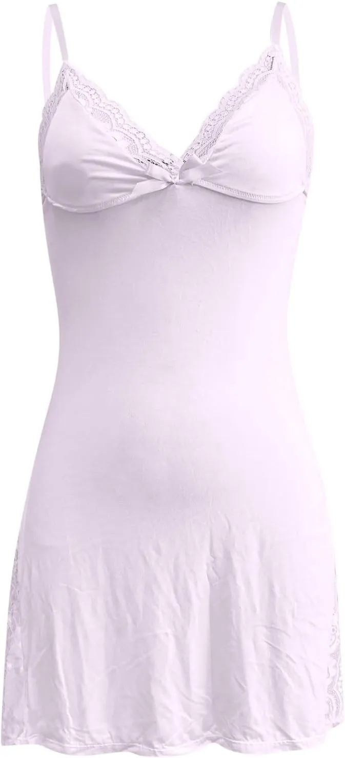 Lace Trim Slit Nightgown, Lace Trim Side Slit Bowknot Decor Modal Sleep Dress, Plus Size Cami Sleep Dress for Women