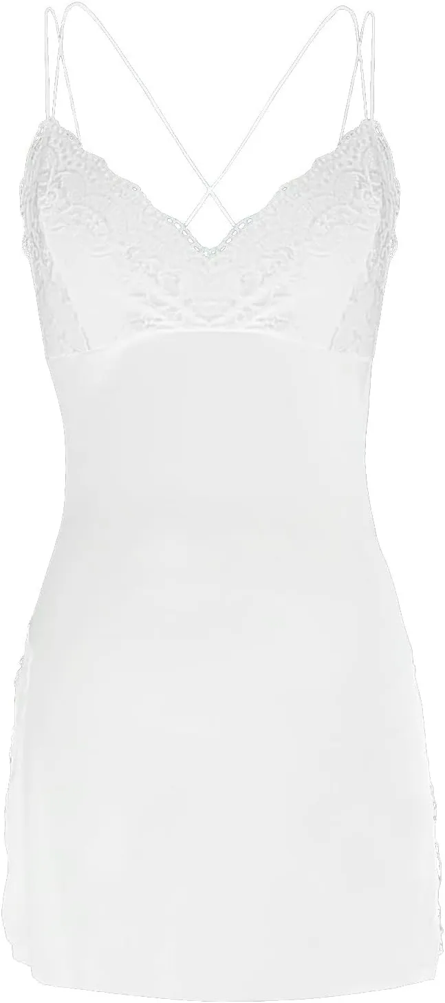 Lace Trim Slit Nightgown, Lace Trim Side Slit Bowknot Decor Modal Sleep Dress, Plus Size Cami Sleep Dress for Women