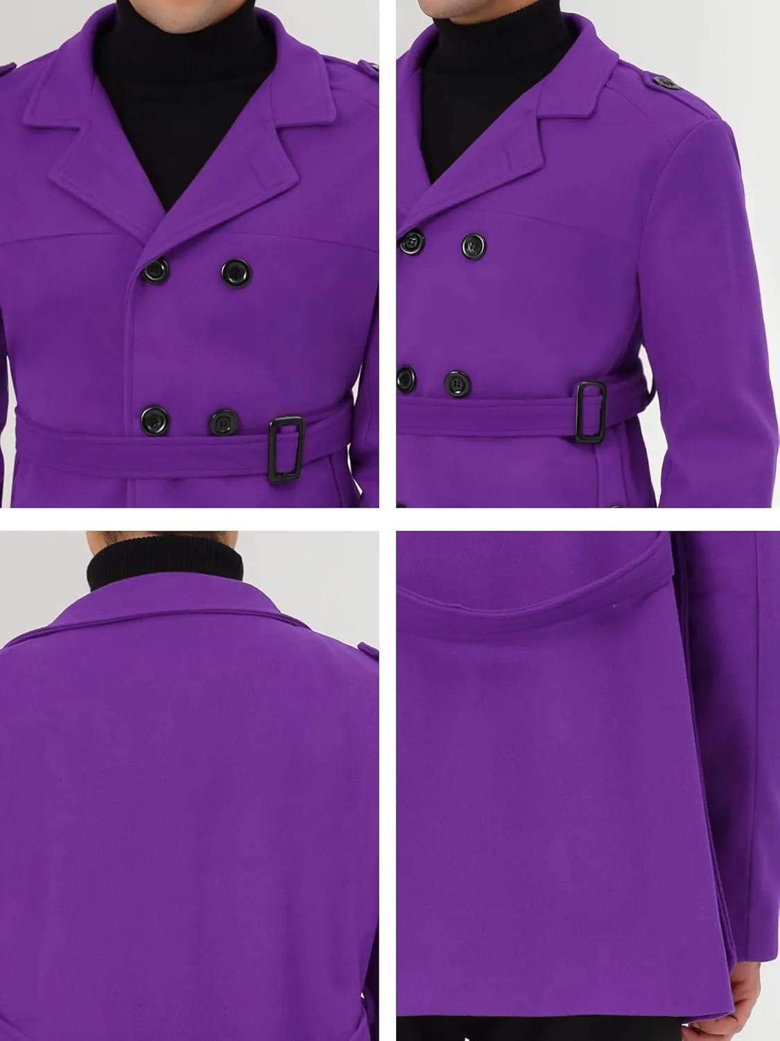 Lars Amadeus Men's Pea Coat Slim Fit Notch Lapel Double Breasted Trench Coat with Belt