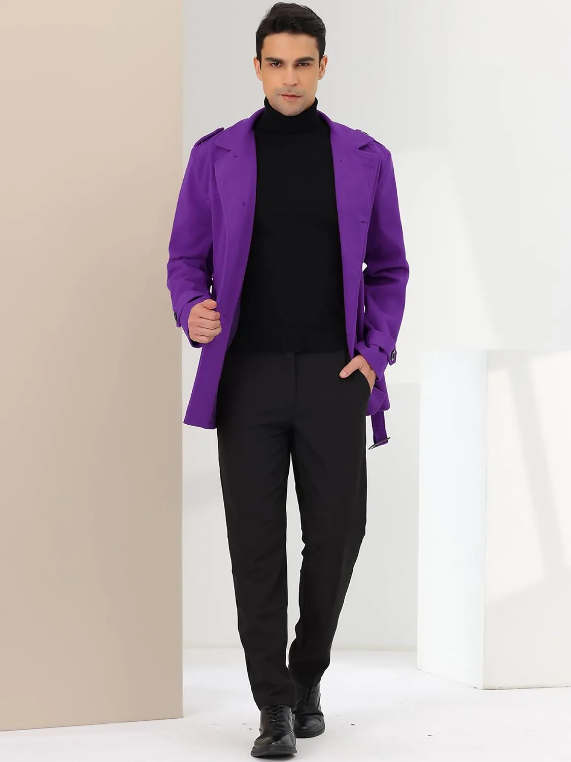 Lars Amadeus Men's Pea Coat Slim Fit Notch Lapel Double Breasted Trench Coat with Belt