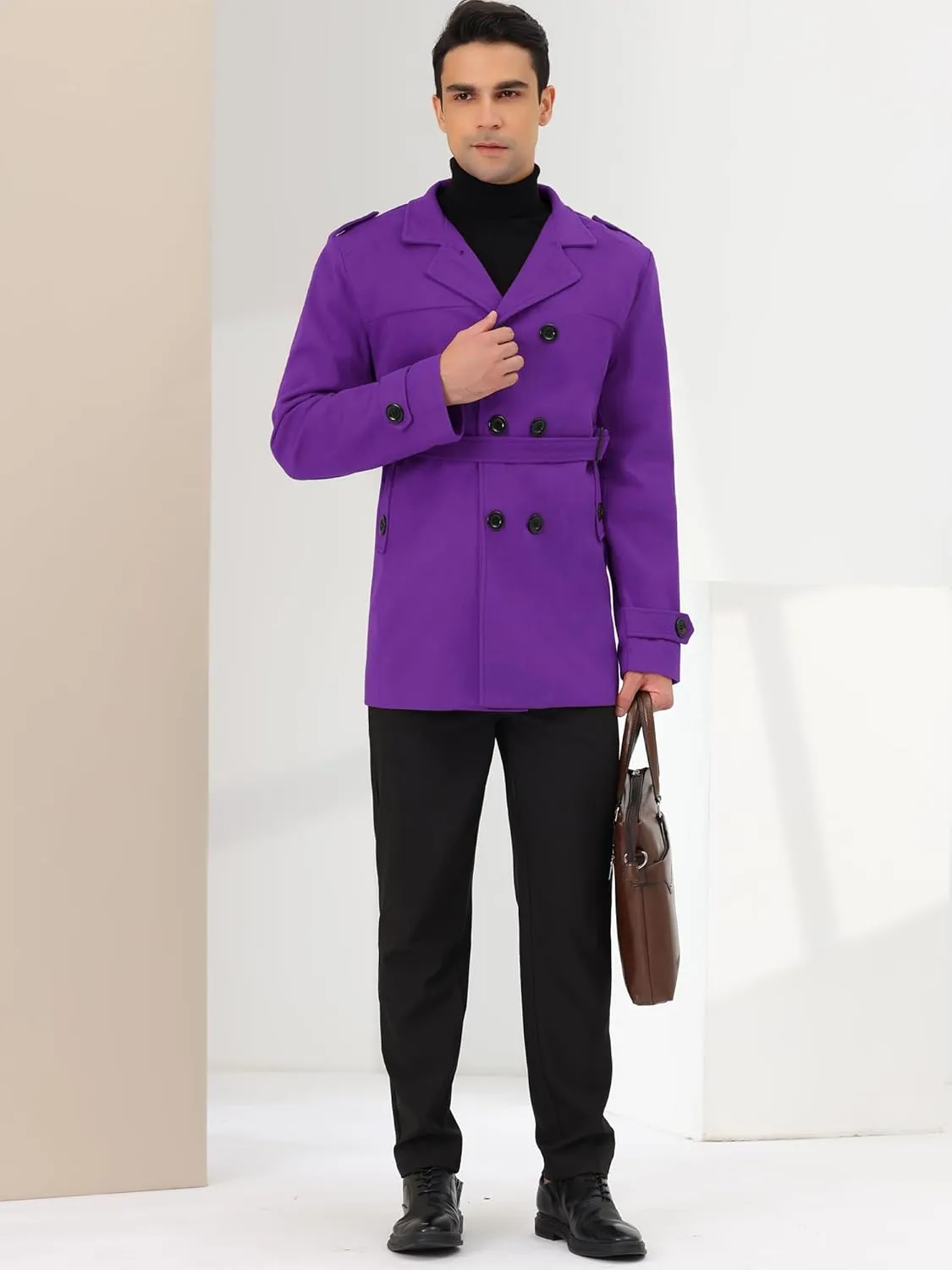 Lars Amadeus Men's Pea Coat Slim Fit Notch Lapel Double Breasted Trench Coat with Belt