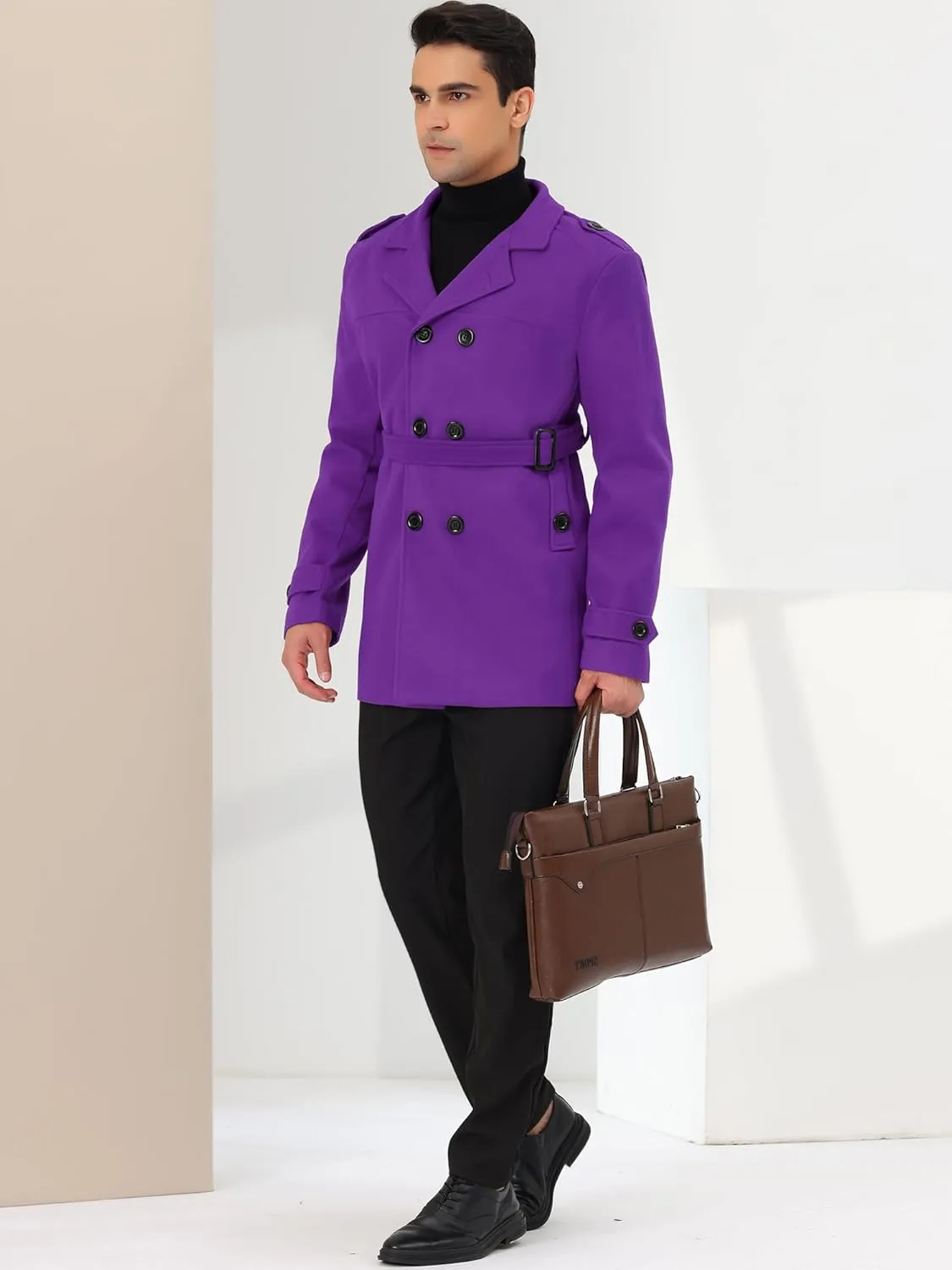 Lars Amadeus Men's Pea Coat Slim Fit Notch Lapel Double Breasted Trench Coat with Belt