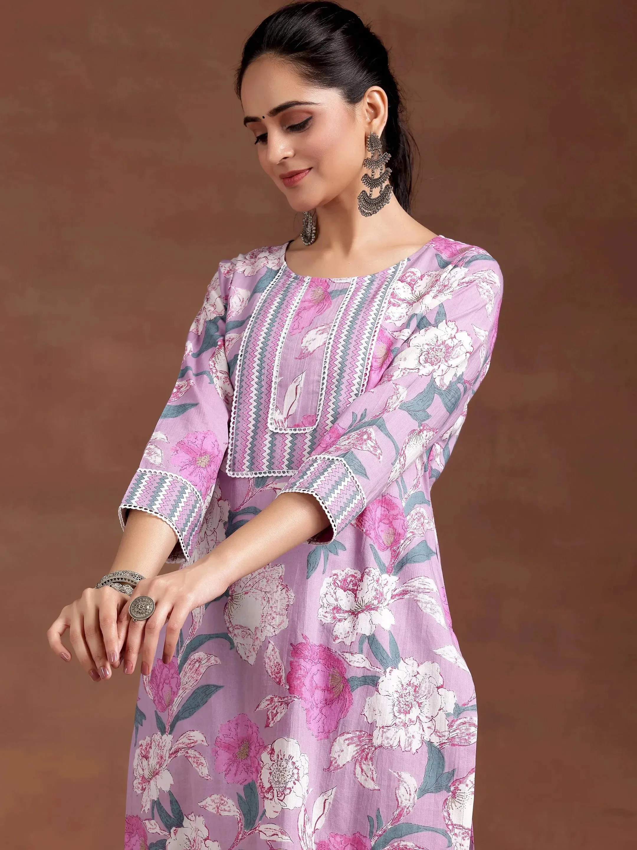 Lavender Printed Cotton Straight Kurta Set