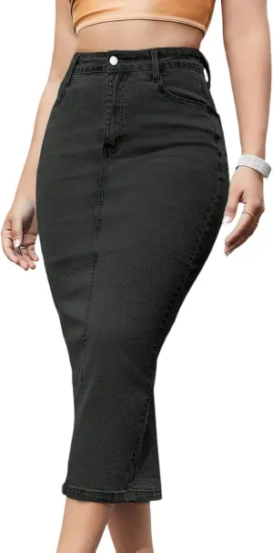 lcyhony Long Denim Skirt Women Stretchy High Waist Tummy Control Jean Skirt Y2k Back Slit Pencil Bodycon Skirts with Pockets
