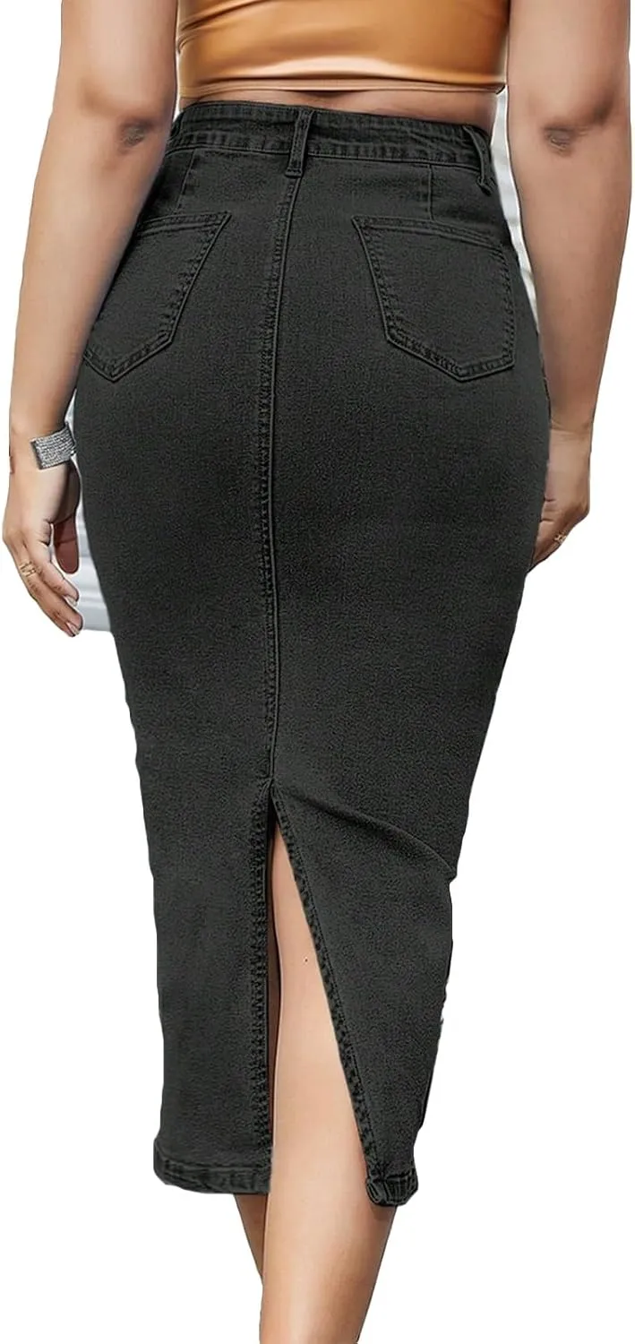 lcyhony Long Denim Skirt Women Stretchy High Waist Tummy Control Jean Skirt Y2k Back Slit Pencil Bodycon Skirts with Pockets