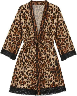 Leopard Print Silk Satin Robe for Women Adjustable Waist Belt Lace Knee-Length Bathrobe Sexy V Neck Comfy Nightgown