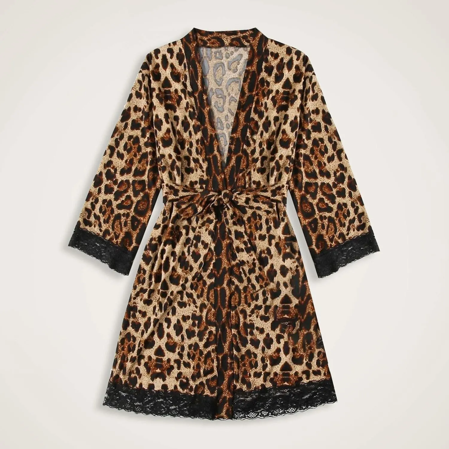 Leopard Print Silk Satin Robe for Women Adjustable Waist Belt Lace Knee-Length Bathrobe Sexy V Neck Comfy Nightgown