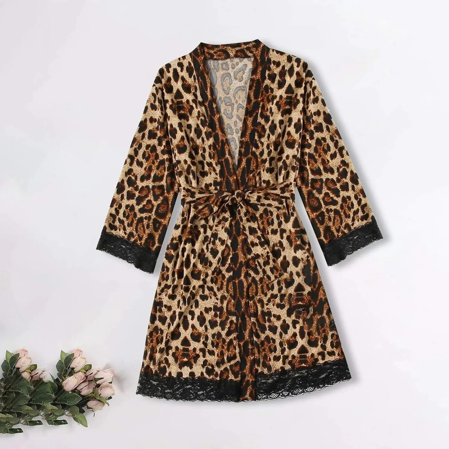 Leopard Print Silk Satin Robe for Women Adjustable Waist Belt Lace Knee-Length Bathrobe Sexy V Neck Comfy Nightgown