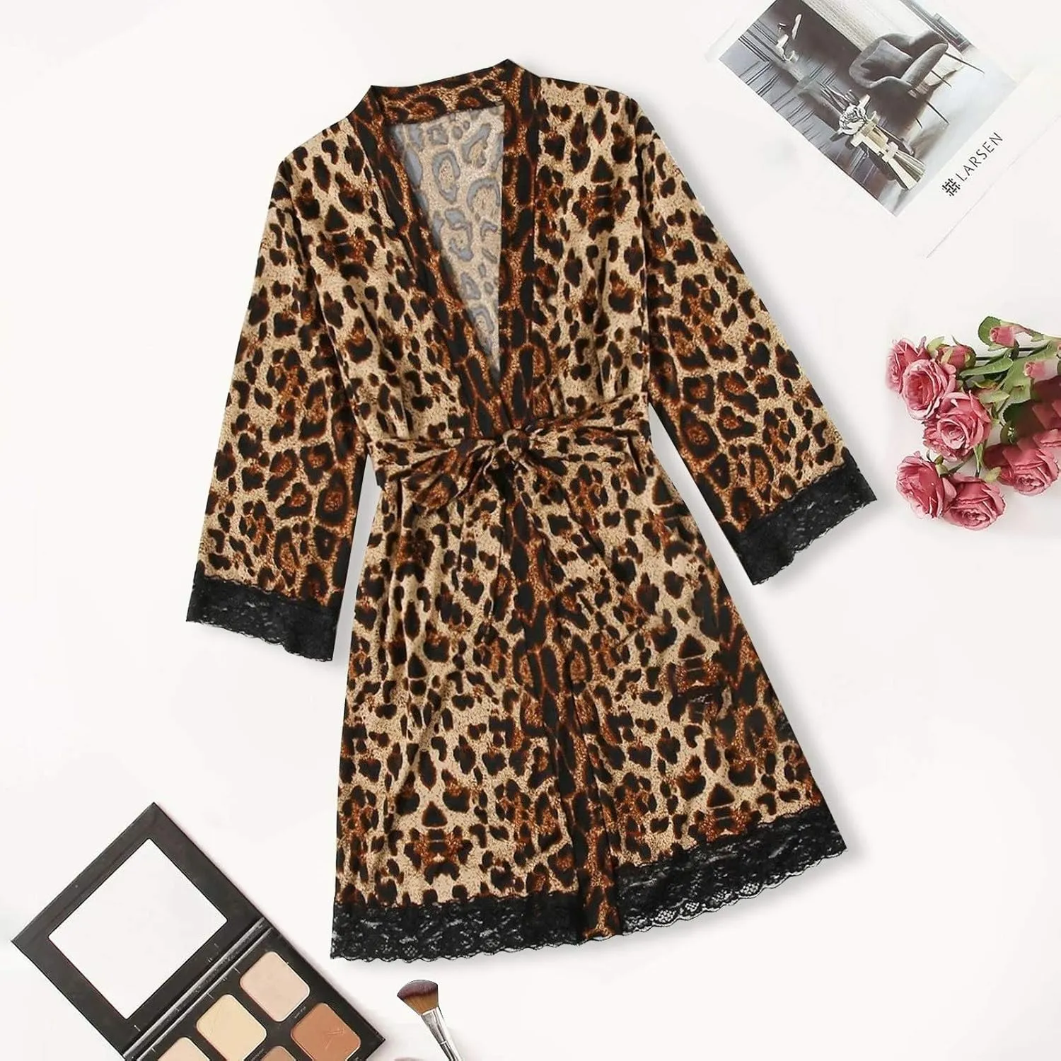 Leopard Print Silk Satin Robe for Women Adjustable Waist Belt Lace Knee-Length Bathrobe Sexy V Neck Comfy Nightgown