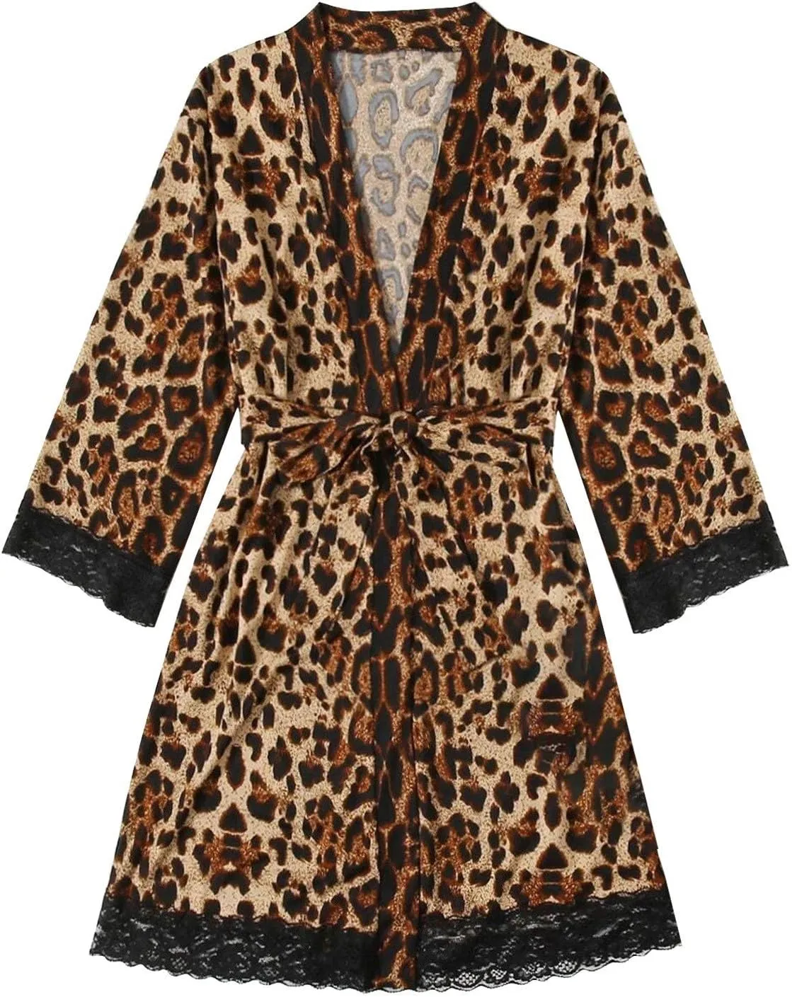 Leopard Print Silk Satin Robe for Women Adjustable Waist Belt Lace Knee-Length Bathrobe Sexy V Neck Comfy Nightgown