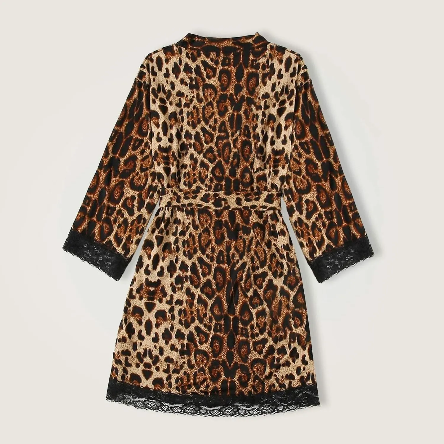 Leopard Print Silk Satin Robe for Women Adjustable Waist Belt Lace Knee-Length Bathrobe Sexy V Neck Comfy Nightgown