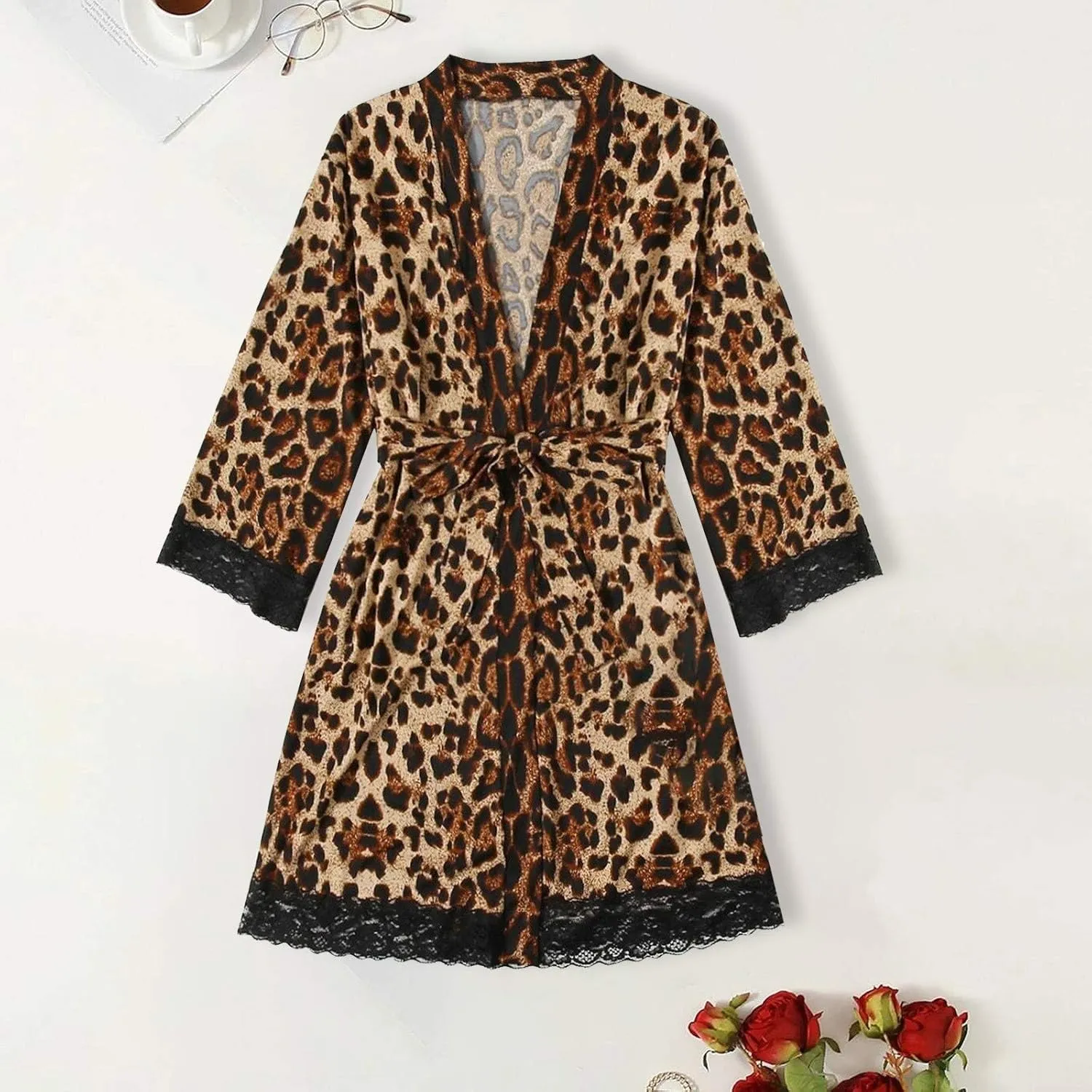 Leopard Print Silk Satin Robe for Women Adjustable Waist Belt Lace Knee-Length Bathrobe Sexy V Neck Comfy Nightgown