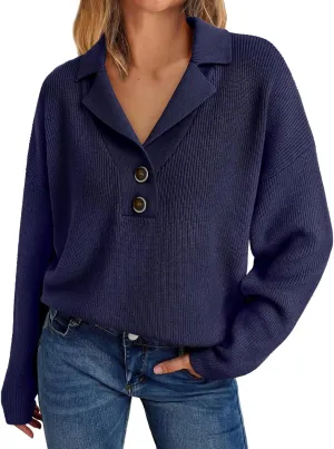 LILLUSORY Womens V Neck Pullover Sweaters Casual Cable Knit Chunky Warm Cute Tops with Collar Polo