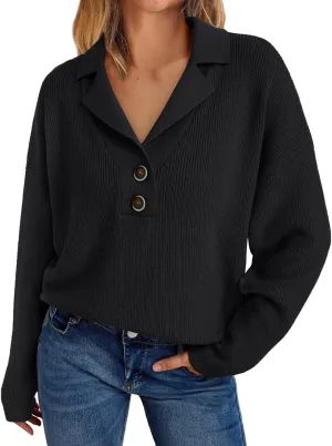 LILLUSORY Womens V Neck Pullover Sweaters Casual Cable Knit Chunky Warm Cute Tops with Collar Polo