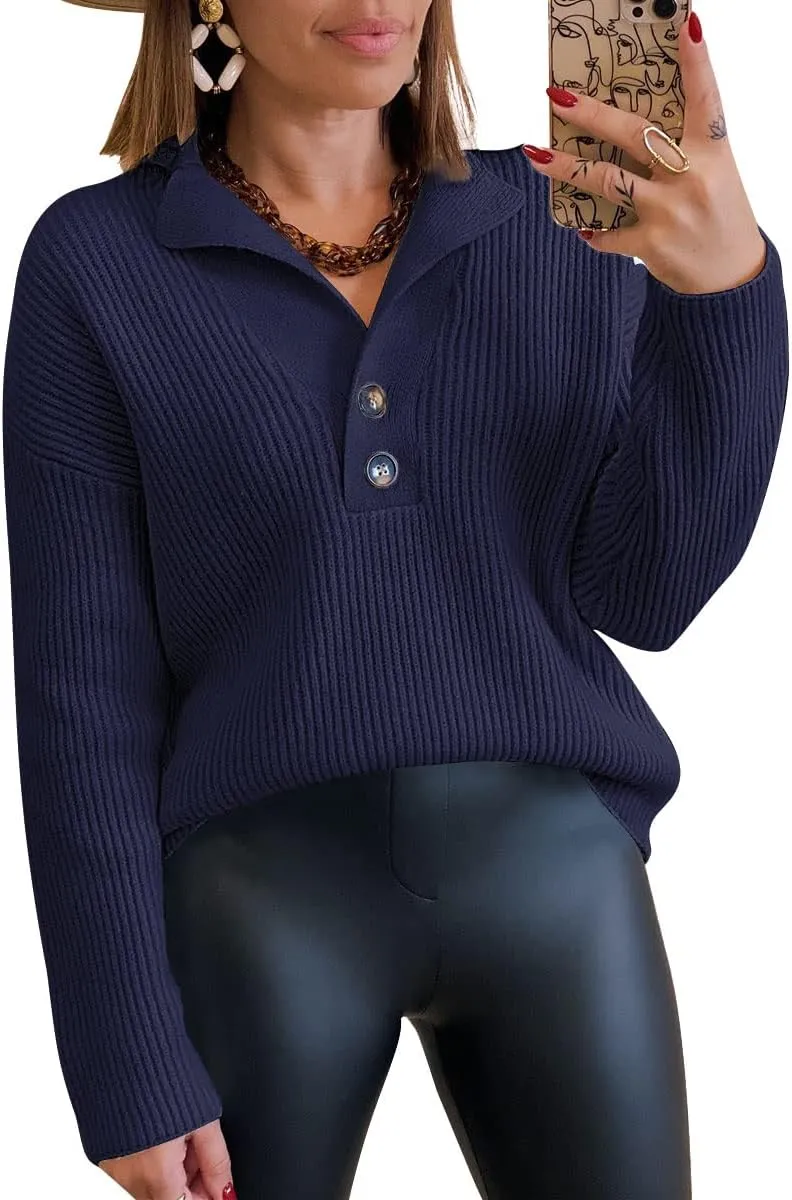 LILLUSORY Womens V Neck Pullover Sweaters Casual Cable Knit Chunky Warm Cute Tops with Collar Polo