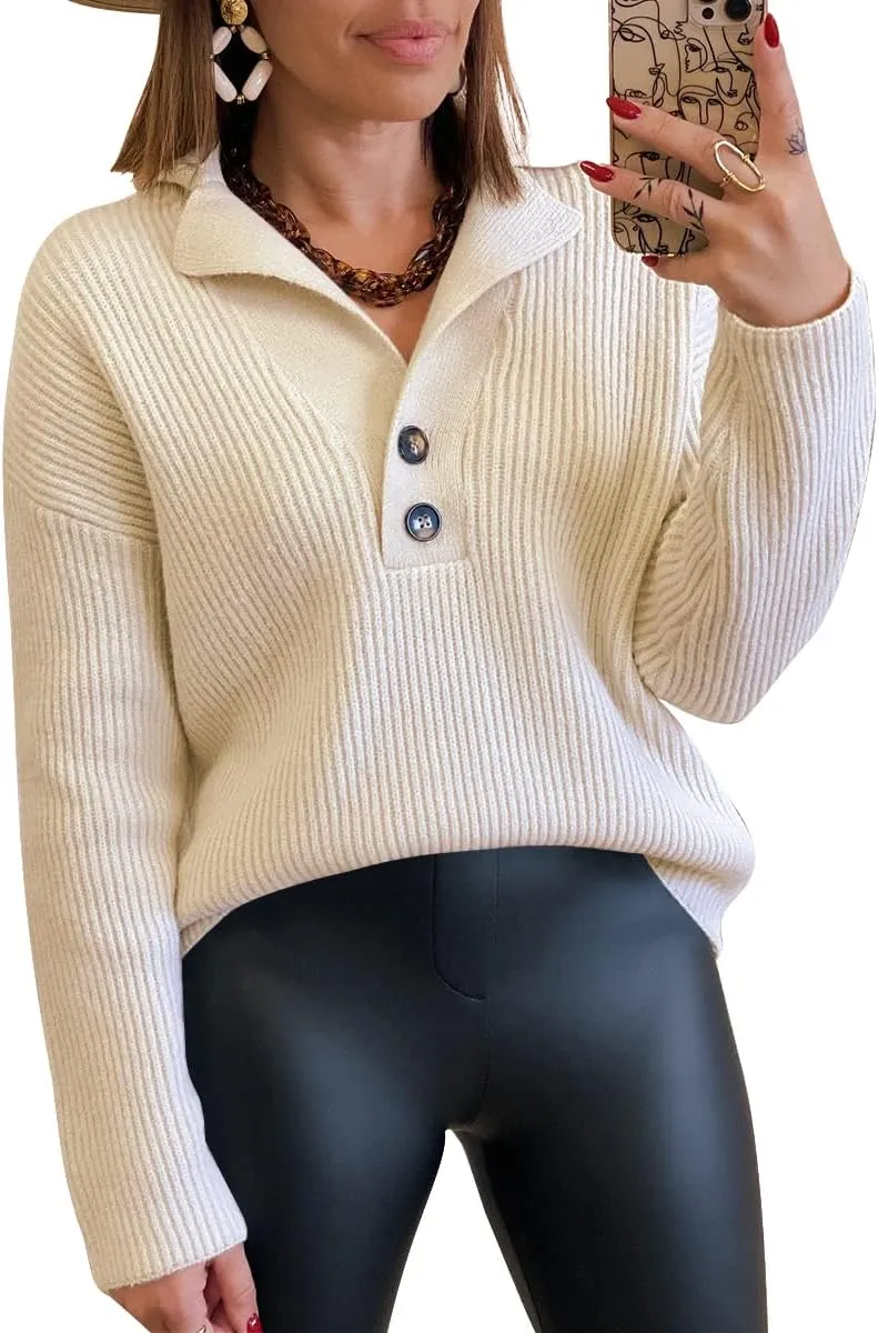LILLUSORY Womens V Neck Pullover Sweaters Casual Cable Knit Chunky Warm Cute Tops with Collar Polo