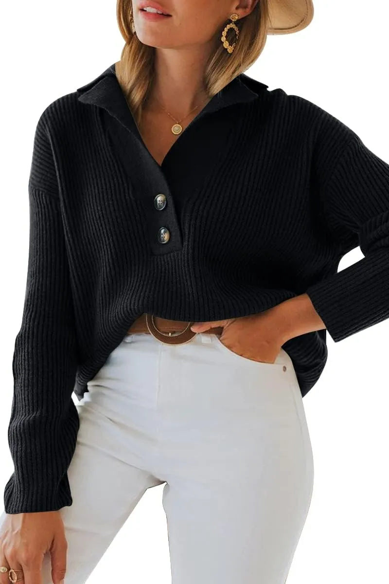LILLUSORY Womens V Neck Pullover Sweaters Casual Cable Knit Chunky Warm Cute Tops with Collar Polo