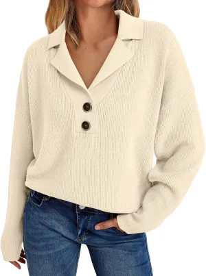 LILLUSORY Womens V Neck Pullover Sweaters Casual Cable Knit Chunky Warm Cute Tops with Collar Polo