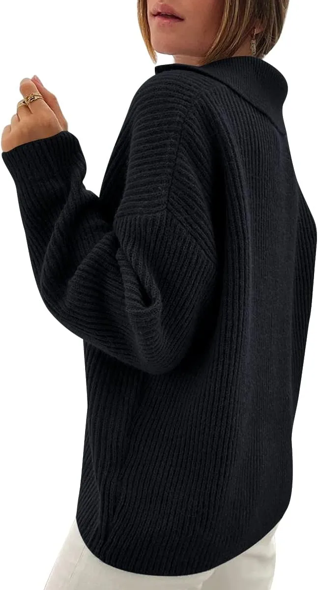 LILLUSORY Womens V Neck Pullover Sweaters Casual Cable Knit Chunky Warm Cute Tops with Collar Polo