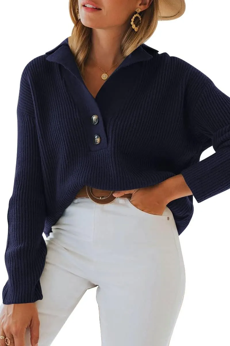 LILLUSORY Womens V Neck Pullover Sweaters Casual Cable Knit Chunky Warm Cute Tops with Collar Polo