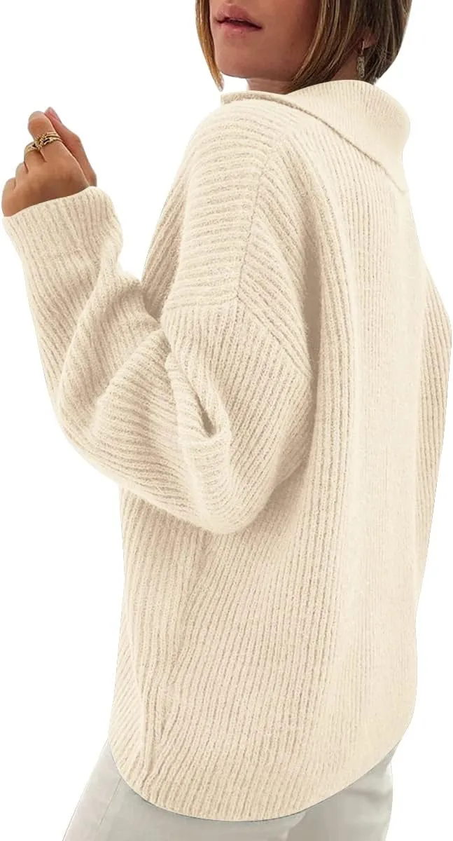LILLUSORY Womens V Neck Pullover Sweaters Casual Cable Knit Chunky Warm Cute Tops with Collar Polo