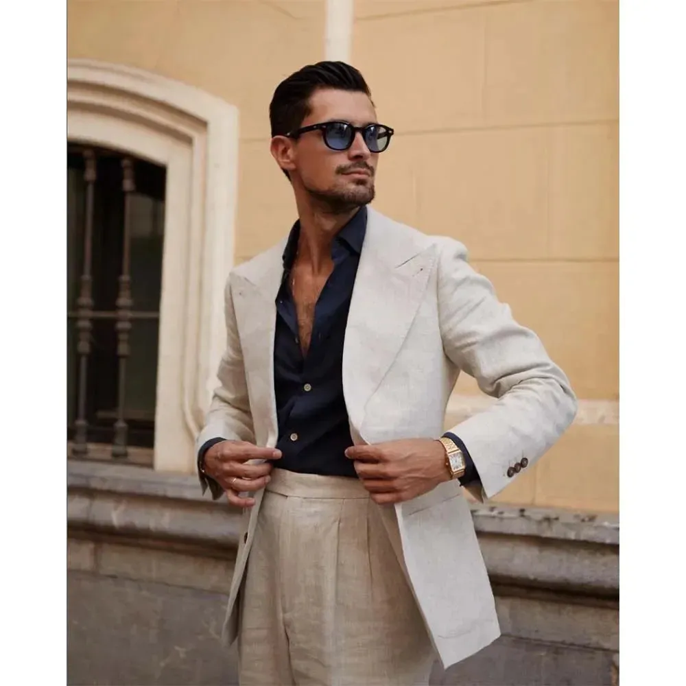 Linen Men Suits 2 Piece Elegant Peak Lapel Single Breasted Casual Blazer with Pants