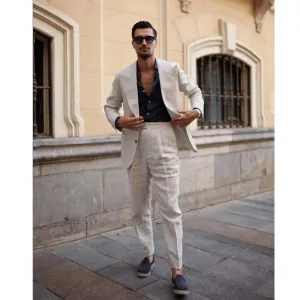Linen Men Suits 2 Piece Elegant Peak Lapel Single Breasted Casual Blazer with Pants