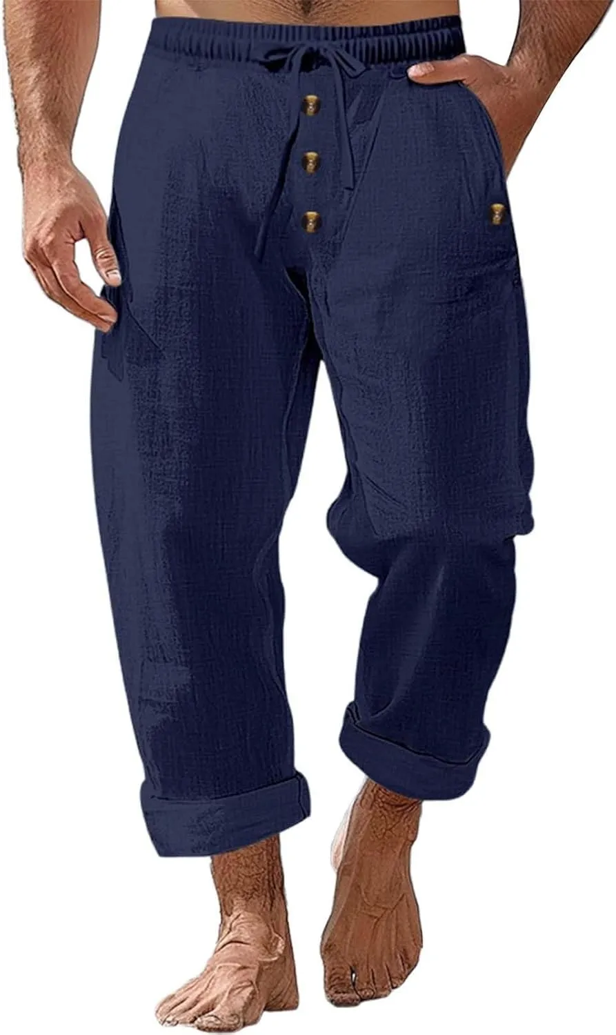 Linen Pants for Men Elastic Waist Drawstring Pants Beach Harem Summer Lounge Pants Lightweight Linen Trouser